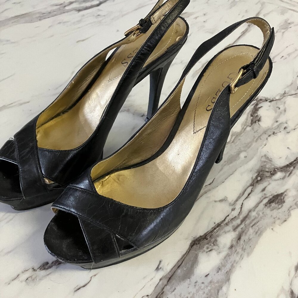 Guess Size 7 Black Slingback Platform Peep Toe High Heels